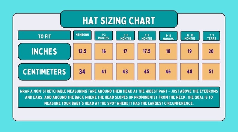 May include: A teal and white hat sizing chart with measurements in inches and centimeters. The chart includes sizes for newborns to 2-3 years, with corresponding head circumferences from 13.5 inches (34 cm) to 20 inches (51 cm).