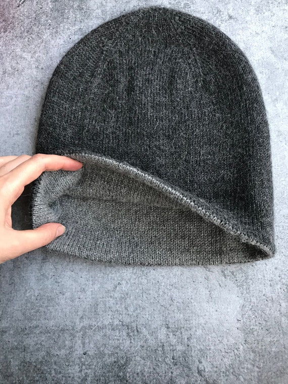 Reversible Pure Alpaca Beanie: Double-sided Gray Knit Hat - Etsy
