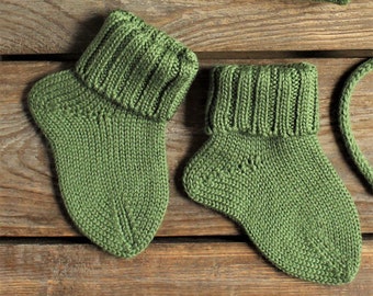 Handmade Merino Wool Baby Booties: Olive Green Knit Newborn Socks