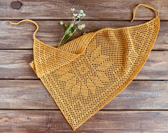 Handmade Crochet Bandana: Mustard Yellow Cotton Boho Headpiece