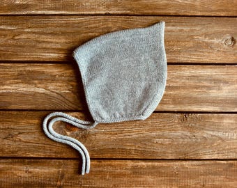 Pure Merino Wool Knit Baby Bonnet: Gender Neutral Gray Pixie Hat
