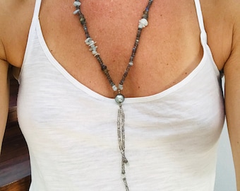 Collar Lariat de Perlas de Tahití: Labradorita, Turquesa, Plata de Ley