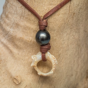 11.26mm Genuine Gray Tahitian Pearl, Leather black pearl necklace, Bohemian Jewelry, Shell Jewelry, Gift for her, Gift for him