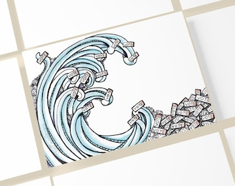 Può includere: Un disegno a inchiostro blu e nero di un'onda con la parola "VOTE" ripetuta molte volte in caselle rosse e bianche. L'onda si infrange su un mucchio di altre caselle "VOTE".