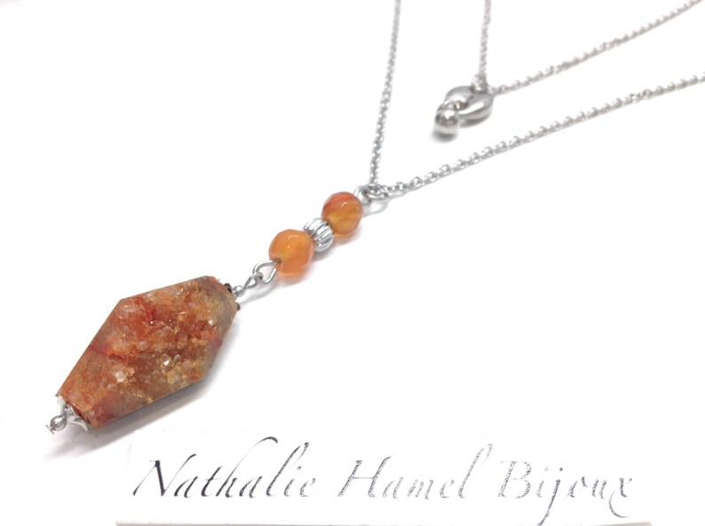 48-inch necklace made of orange druzy quartz and oval and stainless steel balls cornaline