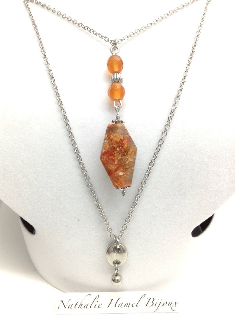 48-inch necklace made of orange druzy quartz and oval and stainless steel balls cornaline
