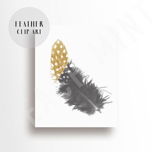 May include: A black and white feather with a gold glitter accent. The feather is isolated on a white background.