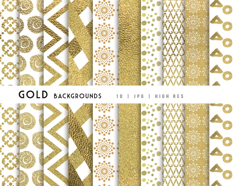 May include: Ten digital paper patterns featuring gold glitter designs on a white background. The patterns include swirls, zigzags, diamonds, dots, and geometric shapes.  The text "GOLD BACKGROUNDS 10 | JPG | HIGH RES" is at the bottom of the image.