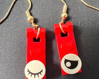 Red Lego inspired winking earrings