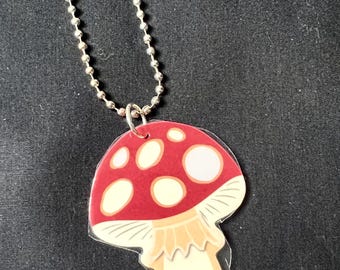 Mushroom necklace on long silver ball chain