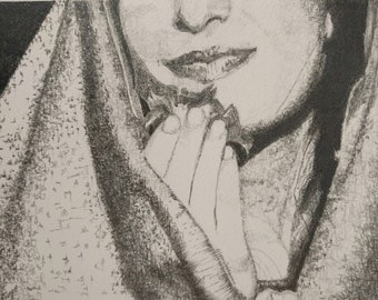 original pencil drawing of  woman with her head covered