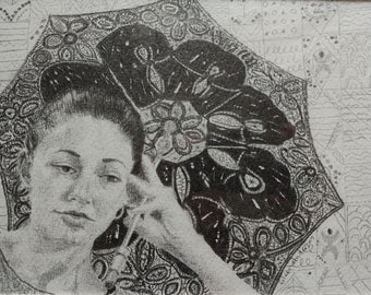 Original pencil drawing of woman with umbrella