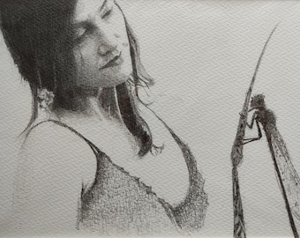 Original pencil drawing of woman with dragonfly