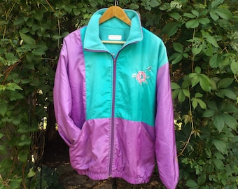 Vintage Champion Teal Purple White Color Block Embroidered Logo Spell Out Light Weight Zip Up Windbreaker Jacket size XL