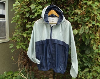 SPARX Windbreaker XL 80s Vintage Windbreaker Navy Blue Grey Oversized Jacket Slouchy Windbreaker Hooded Water Resistant 90s Clothing Light