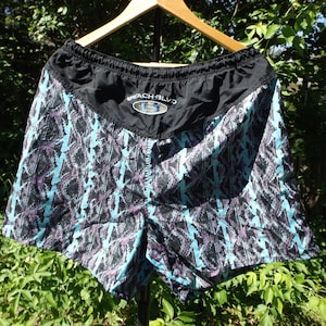 Beachwear Swim Trunks Mens 90s Size XL Shorts Swimsuit Vintage Pattern Aztec Purple Teal Beach Blvd 1990s Clothing Fresh Prince XL Vintage