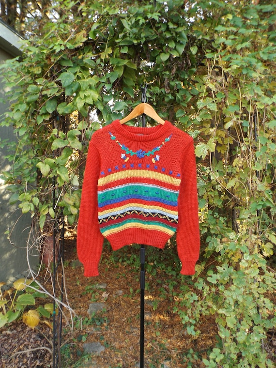 Red Knit Jumper Womens MEDIUM Vintage Rainbow Jum… - image 1