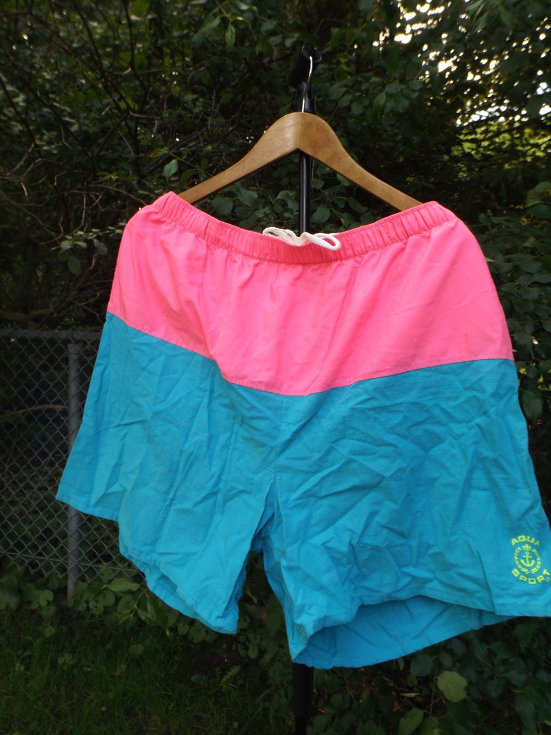 3XL Swim Trunks Aqua Sport Neon Pink and Blue Swimsuit 90s Beachwear Swim Shorts Volleyball Surf Shorts Colorblock Neon 90s Vintage Shorts
