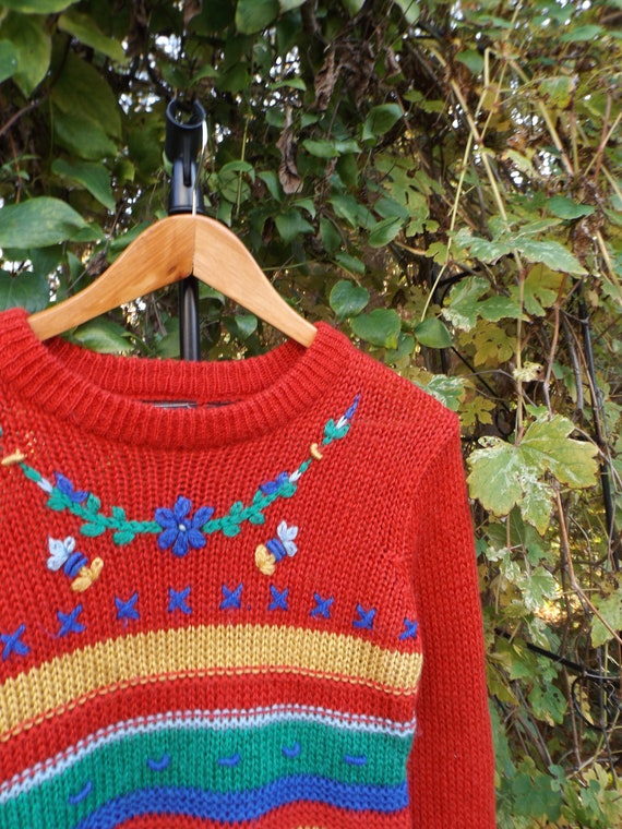 Red Knit Jumper Womens MEDIUM Vintage Rainbow Jum… - image 7