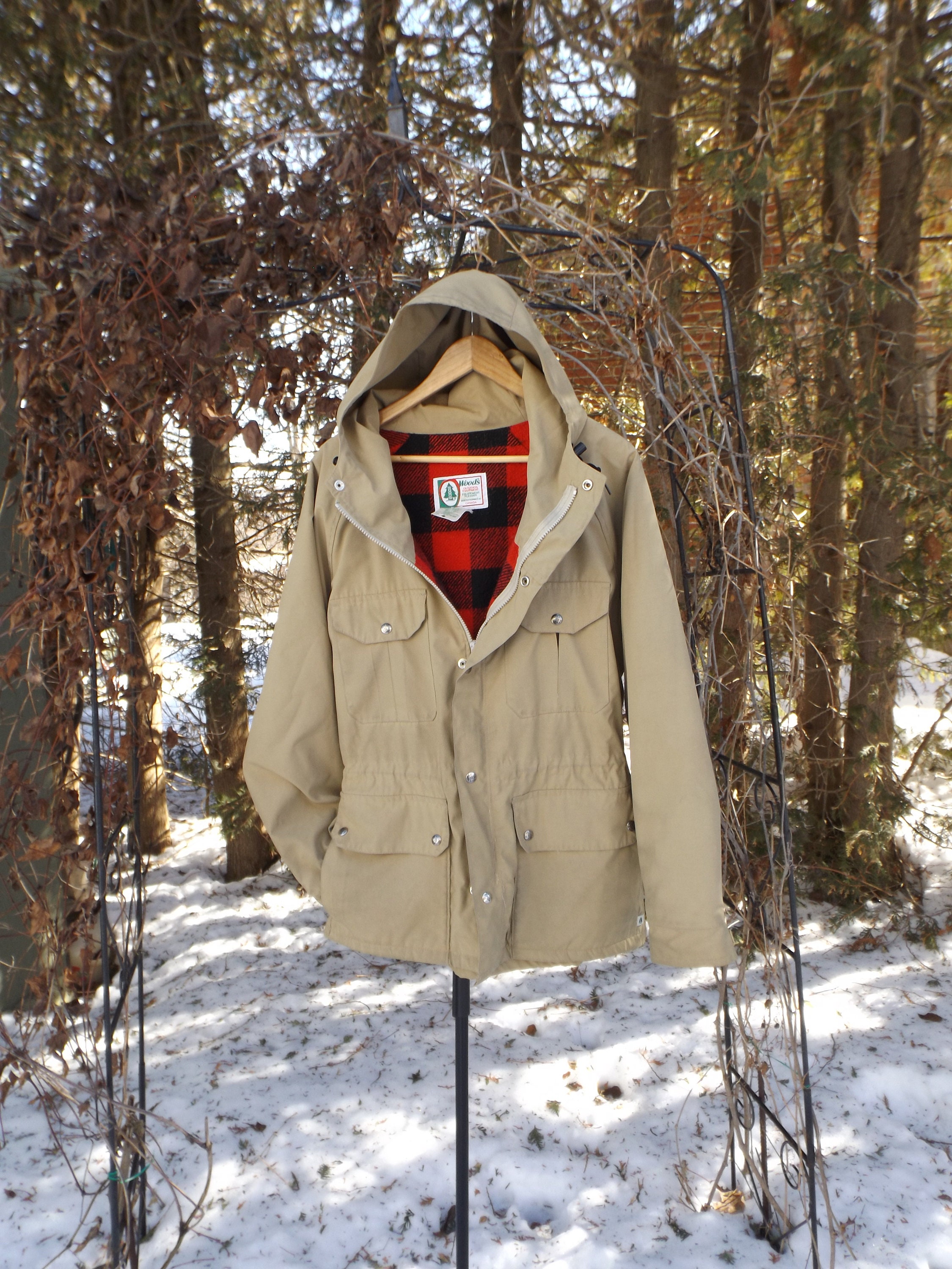 80s Fall Jacket MEDIUM Plaid Lined Woods Brand Parka Style