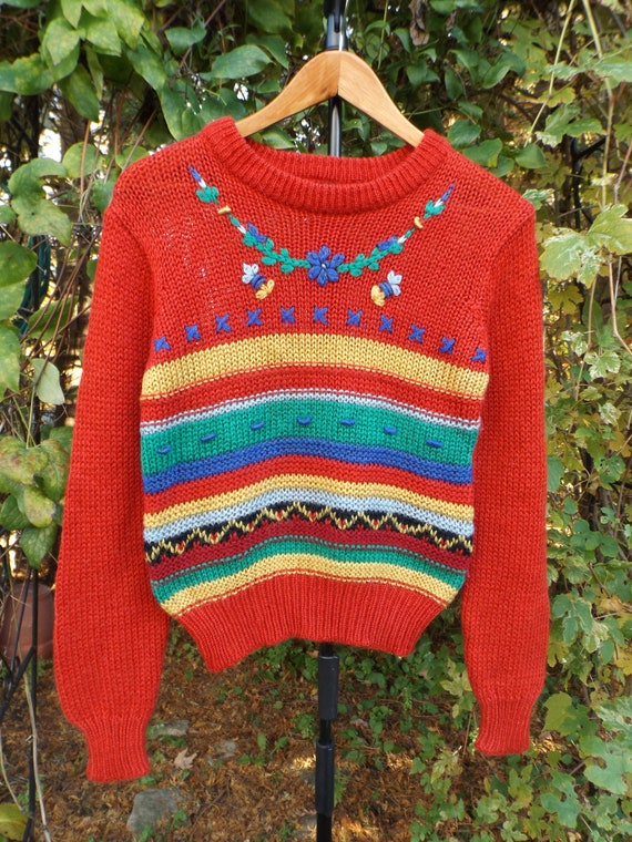 Red Knit Jumper Womens MEDIUM Vintage Rainbow Jum… - image 3