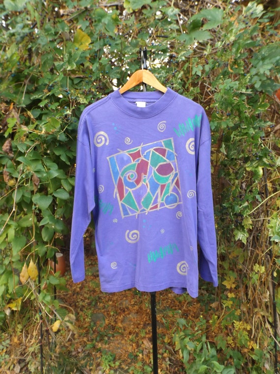 XL Long Sleeve Tee 90s Abstract Art Geometric Gra… - image 1