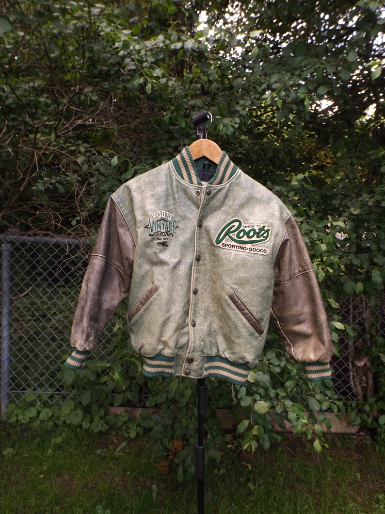 Roots Canada Leather Jacket Womens Small Or Youth Xl Jackets Vintage Er Green