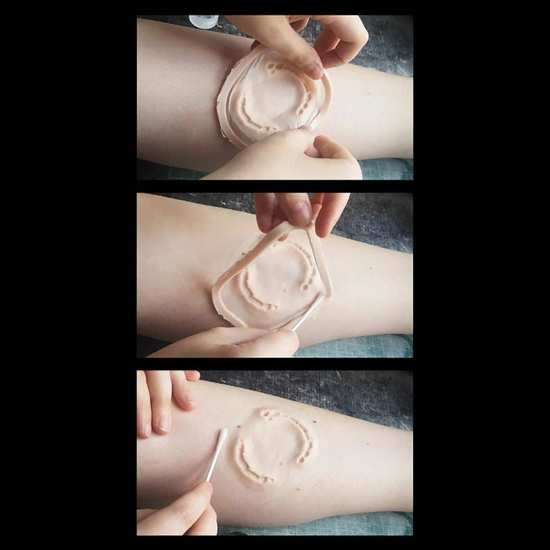 Collage of photos showing how to apply a prosthetic.