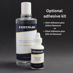 May include: Two Kryolan adhesive products are displayed against a dark background. The larger bottle contains Special Adhesive B Remover, while the smaller bottle is Pros-Aide Adhesive. The text "Optional adhesive kit" is also visible, with options for 15ml or 50ml adhesive.