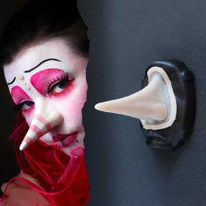 Puede incluir: Imagen surrealista de una persona con maquillaje teatral, incluyendo sombra de ojos rosa y una nariz a rayas. Junto a la persona, una gran nariz separada con base negra y punta clara, creando una composición artística y caprichosa.