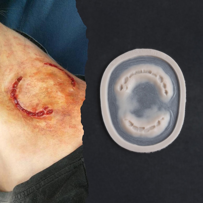 May include: A realistic, open-mouthed, upper and lower teeth prosthetic in a light-colored oval mold. The image also shows a close-up of a fake wound on a person's arm, with a crescent-shaped gash.
