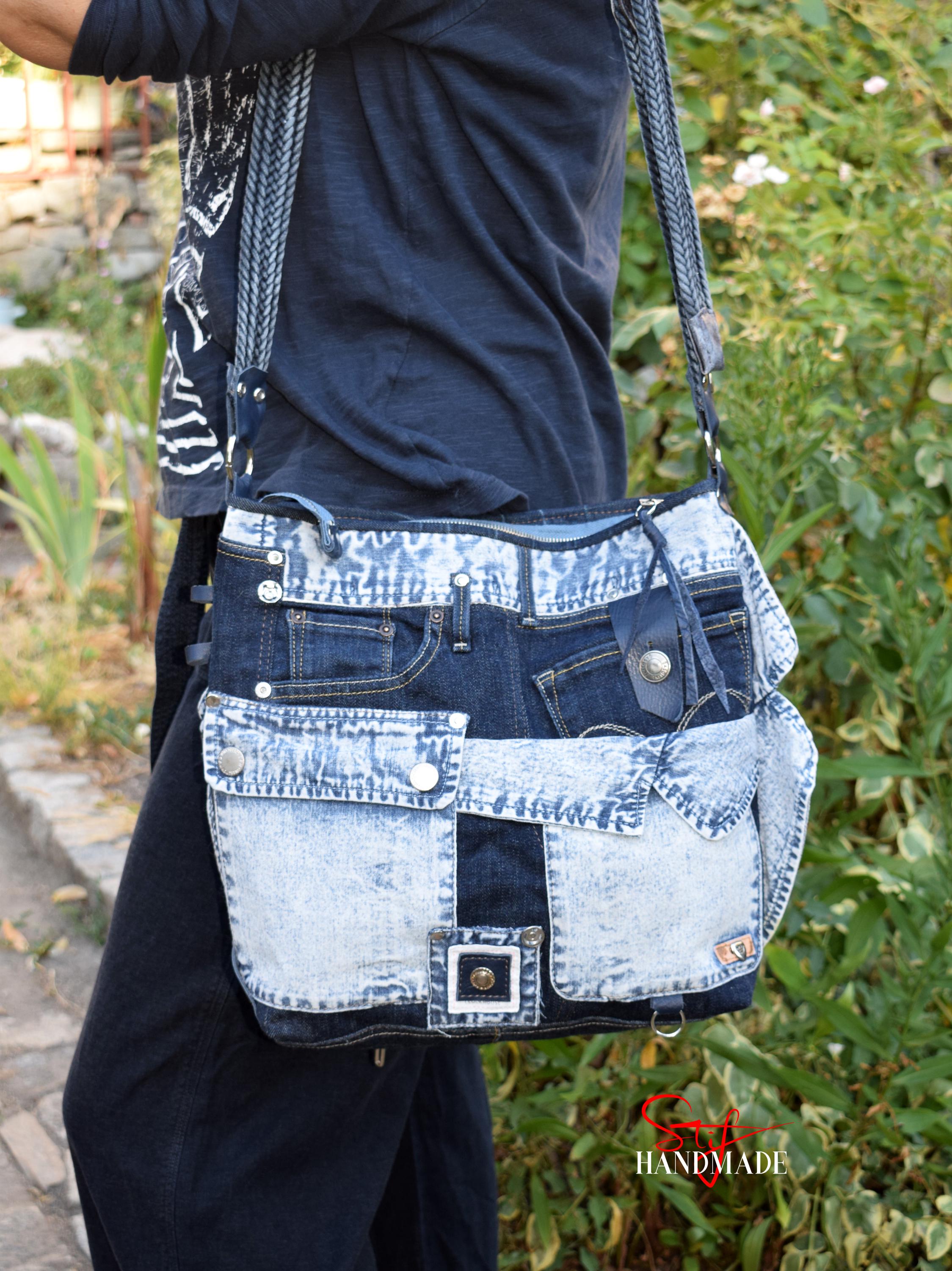 HIGH-END Denim & Leather Pieces Shoulder Bag Artistic 
