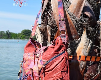 Borsa a tracolla in pelle e denim di alta qualità, borsa da donna, jeans, boho, città, estetica alla moda, donna, flora, corallo, maggio, borsa estiva