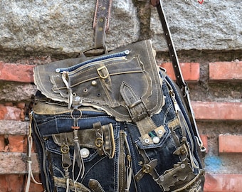 HIGH-END Handmade Leather & Denim Backpack Artistic Knapsack Travel Rustic Bohemian Adventurous Rubbed Green-Gray Leather