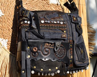 HIGH-END Rustic Brown Leather Military Denim Shoulder Bag Indian 
