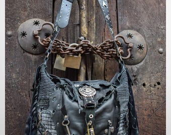 HIGH-END Handmade Black Leather Denim Shoulder bag – Gothic Skull Metal Motor Rock Style