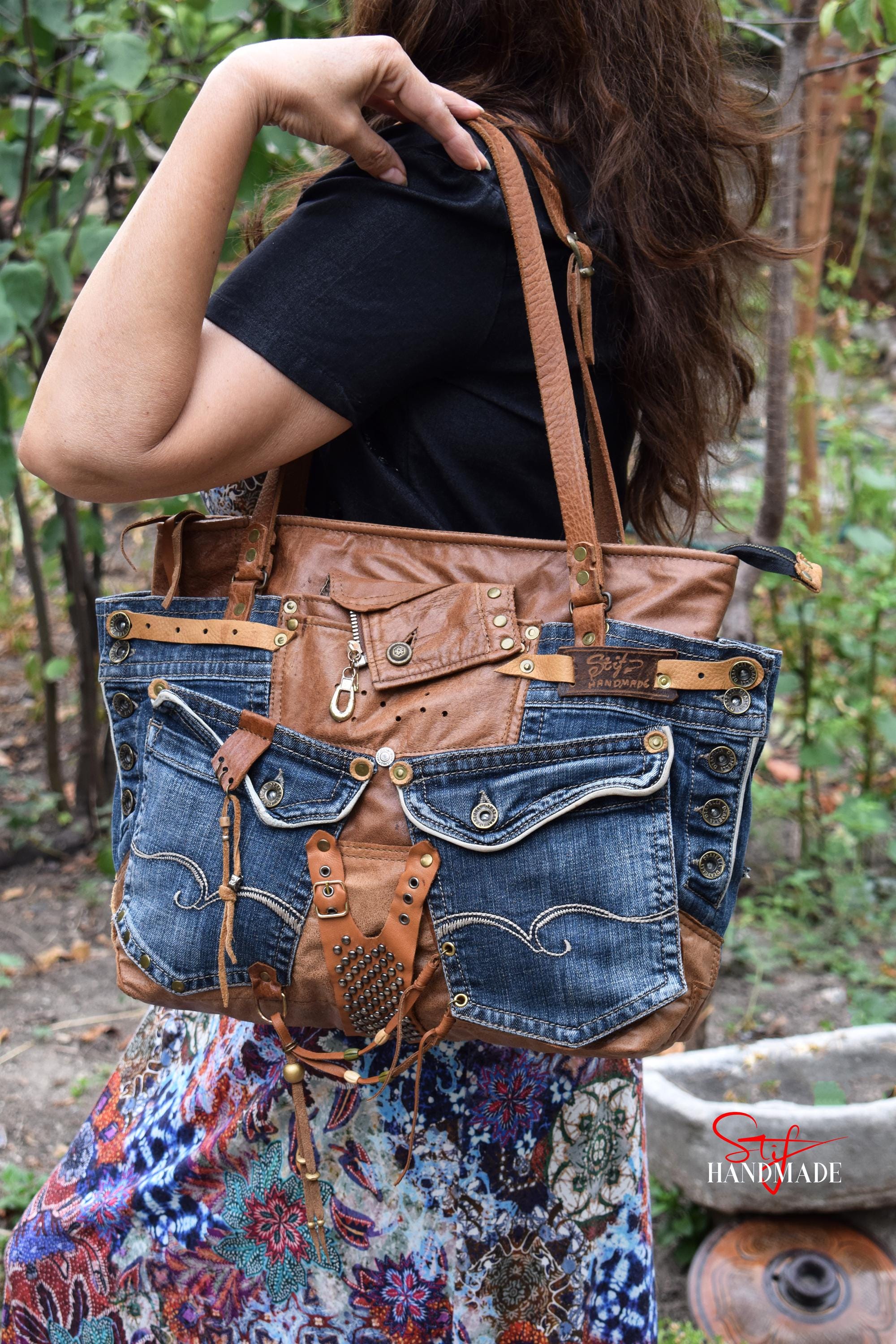 HIGH END Denim Leather Large Shoulder bag Artistic Tote Women s handbag Jeans Boho Bohemian Shopper Cowgirl City Urban Travel Trendy