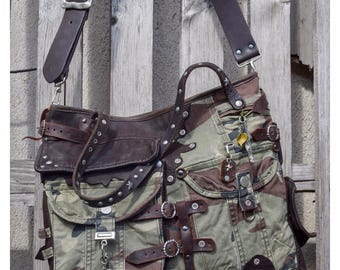 HIGH-END Handmade Leather and Military Shoulder bag Artistic Camouflage Urban Grunge City Vintage