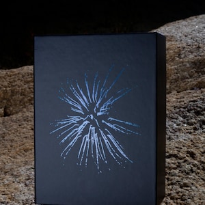 May include: A rectangular black box featuring a centered, light blue graphic design that resembles a starburst or an exploding firework. The design consists of thin, radiating lines that vary in length and thickness, creating a sharp, high-contrast visual against the solid matte black surface of the box.