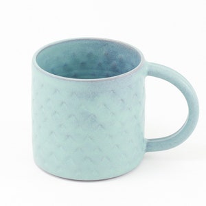 May include: A light blue ceramic mug with a textured, geometric pattern. The mug has a rounded handle.