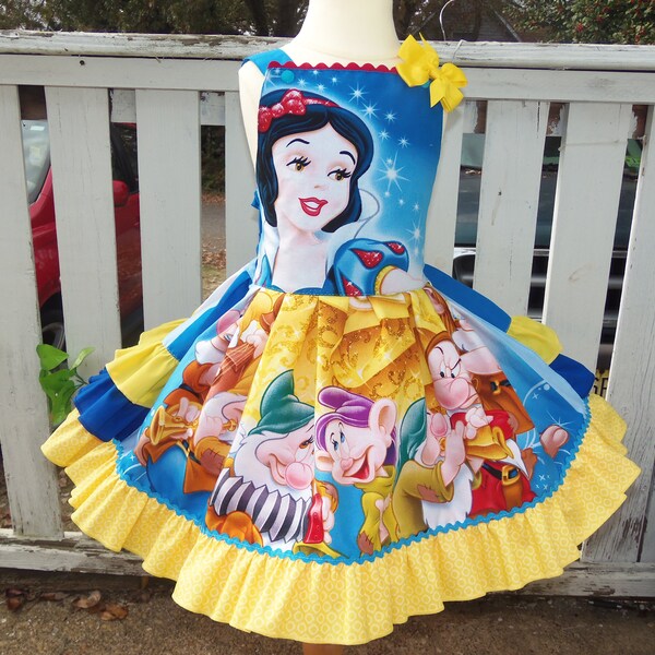 Patchwork Vintage fabric snow white and the seven dwarfs  Princess    Ruffles Dress only   Ready to Ship