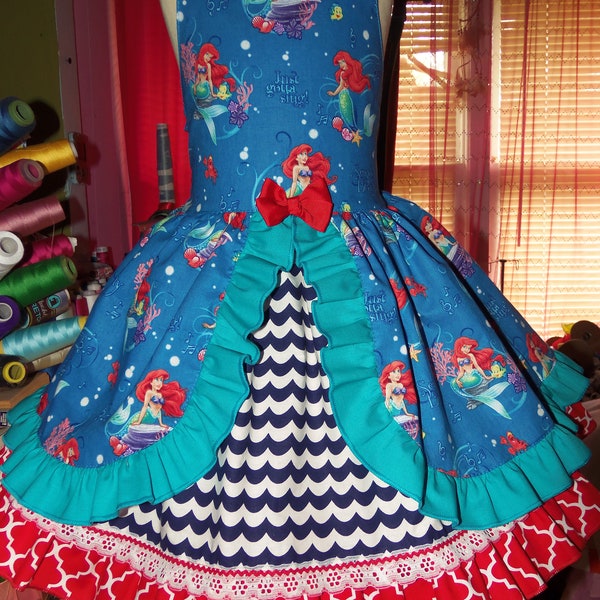 Vintage fabric Ariel Sebastian Flounder Mermaid  Princess  Ruffles Dress  Size 4t Ready to Ship  LAST ONE
