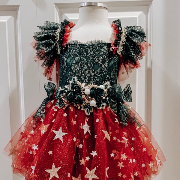 Vintage circus dress, Christmas Whimsical dress, girls magical dress, red star dress, celestial dress,