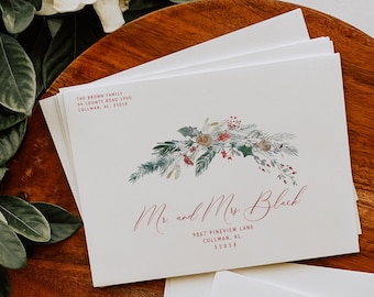 Plantilla de sobre navideño con diseño floral / Dirección para festividades, tamaños A7 y A6 (Descarga digital)