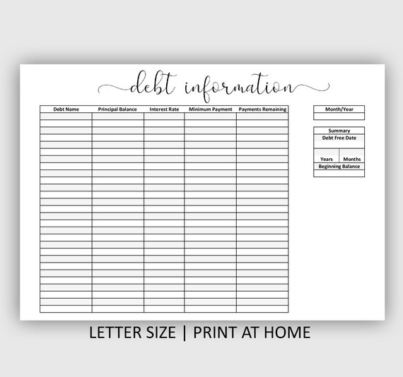 Debt Worksheet Budget Printable Instant Download | Etsy