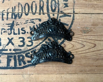 Pair of 1860s Cast Iron Victorian Eastlake Ornate Drawer Pulls
