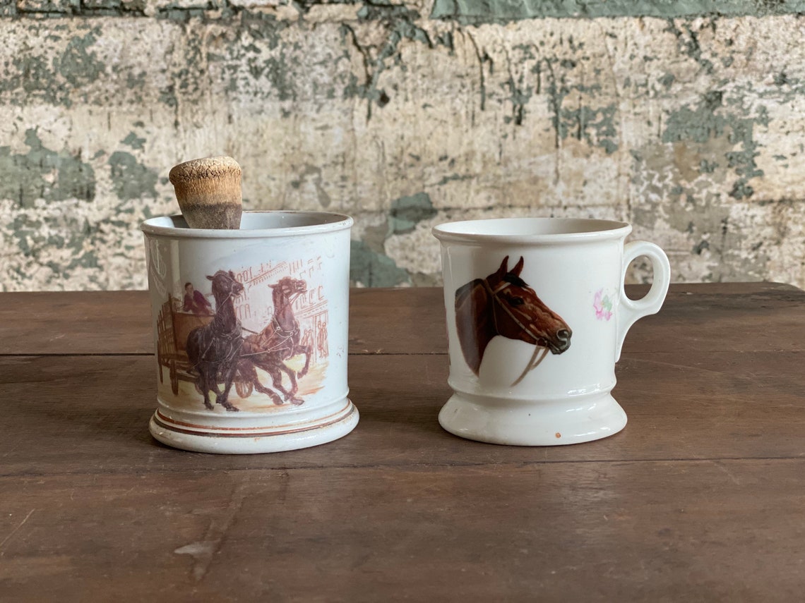 Antique Pair of Ironstone Horse Themed Shaving Mugs and Brush Etsy