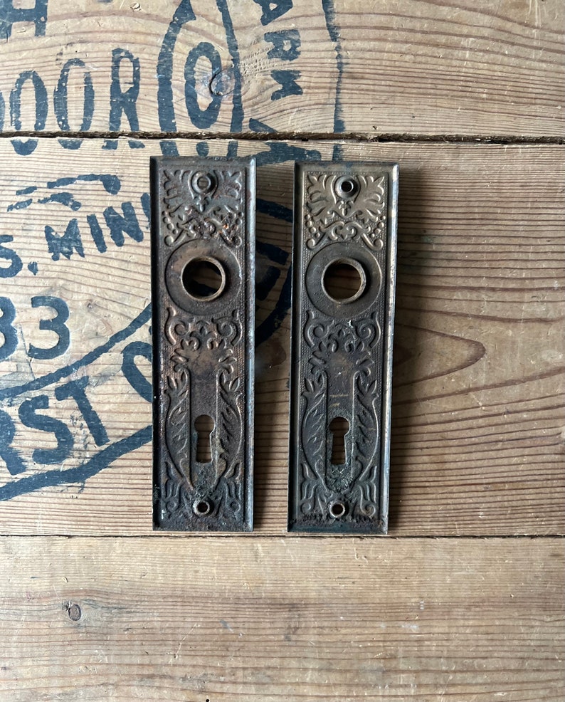 Pair of Pressed Door Plates Ornate Salvaged Hardware image 3