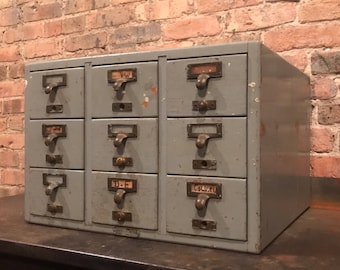 Industrial Antique 9-Drawer Gaylord Desktop Oak Dovetailed Index File Storage