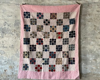 Antique Square in a Square Hand Stitched Calico Flour Sack Appalachian Quilt 81 x 70